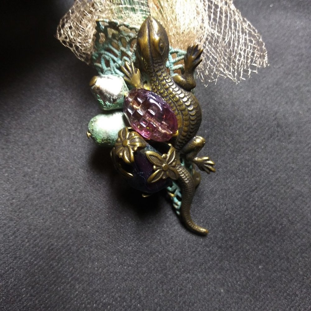 Hand Designed Unusual Aqua and Gold Beaded Artsy Pin Brooch